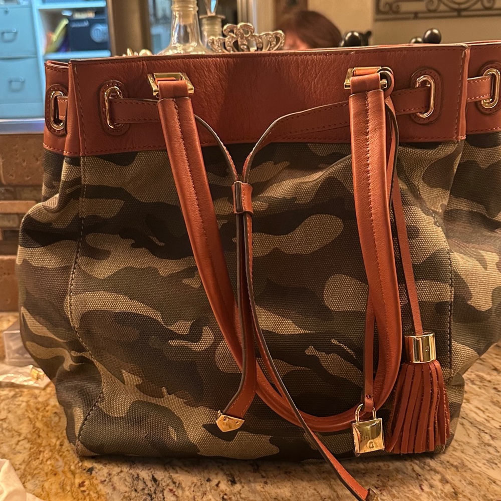 Canvas Camo Tote with Brown Leather Trim and Tassel